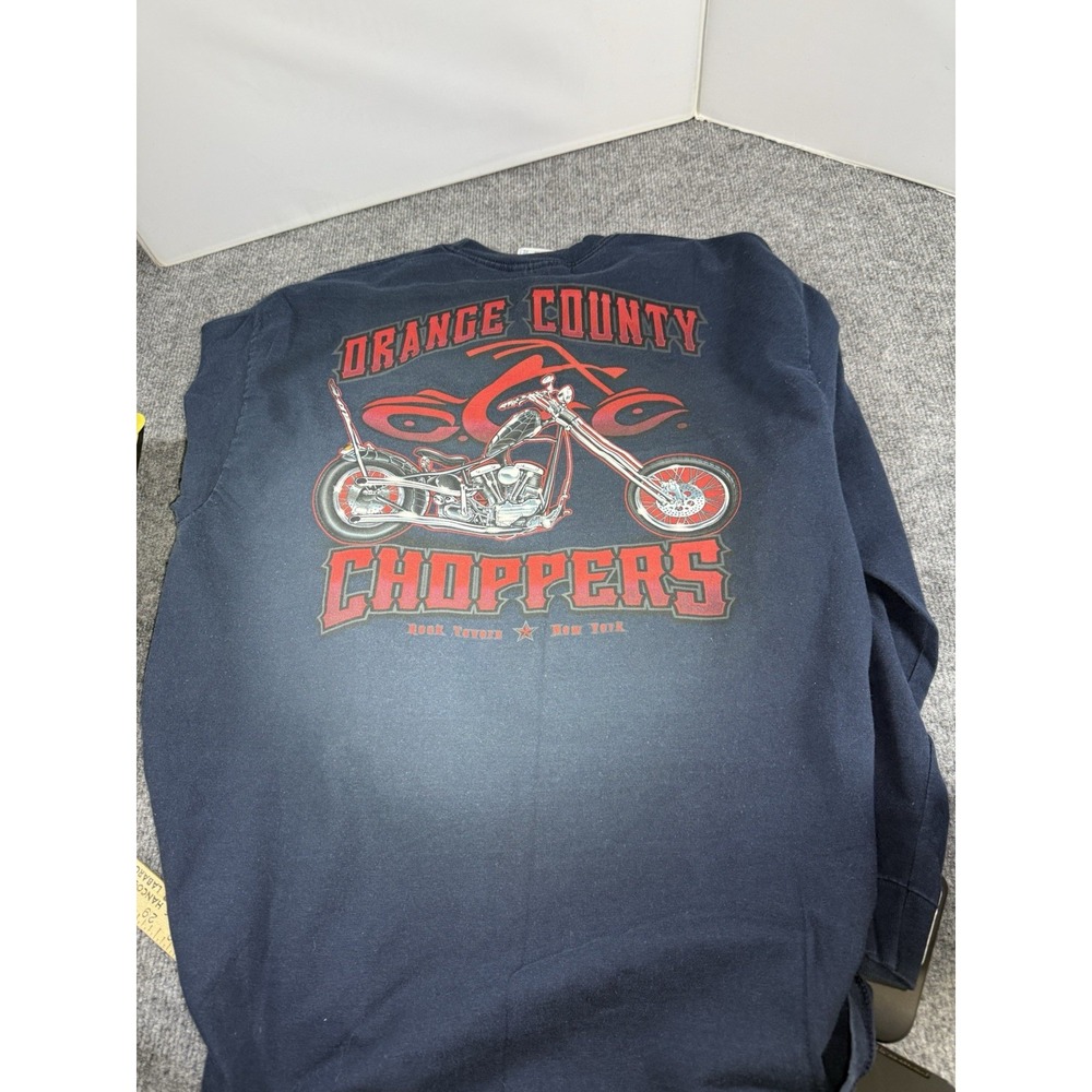 Vtg NAVY BLUE Orange County Choppers NY Flames Long Sleeve Shirt Size XL Y2K